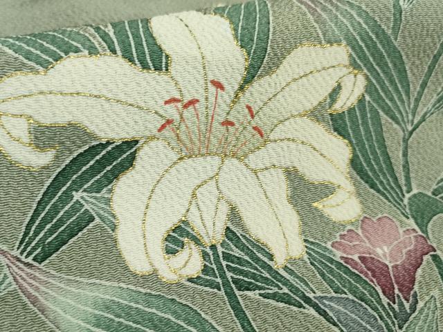 平和屋本店▽極上　訪問着　単衣　友禅　作家物　百合　枝花文　金彩　鬼しぼ縮緬　ロング丈　逸品　DZAA5774kh5
