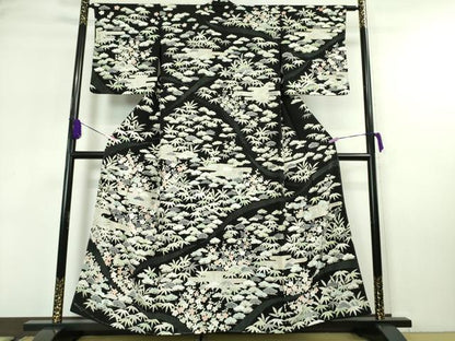 平和屋本店■極上　中国三大刺繍　スワトウ刺繍　汕頭刺繍　訪問着　松竹梅　黒地　金糸　反端付き　逸品　未使用　DZAA5779kh5