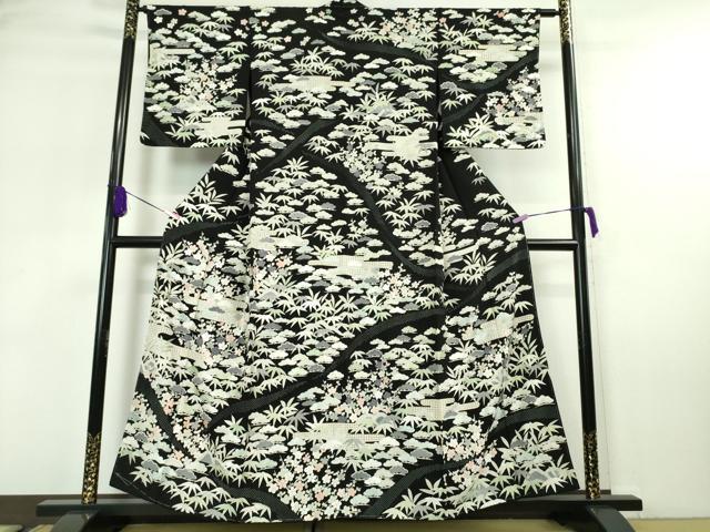 平和屋本店■極上　中国三大刺繍　スワトウ刺繍　汕頭刺繍　訪問着　松竹梅　黒地　金糸　反端付き　逸品　未使用　DZAA5779kh5
