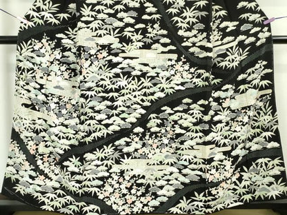 平和屋本店■極上　中国三大刺繍　スワトウ刺繍　汕頭刺繍　訪問着　松竹梅　黒地　金糸　反端付き　逸品　未使用　DZAA5779kh5