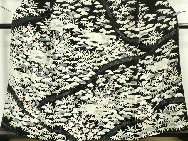 平和屋本店■極上　中国三大刺繍　スワトウ刺繍　汕頭刺繍　訪問着　松竹梅　黒地　金糸　反端付き　逸品　未使用　DZAA5779kh5