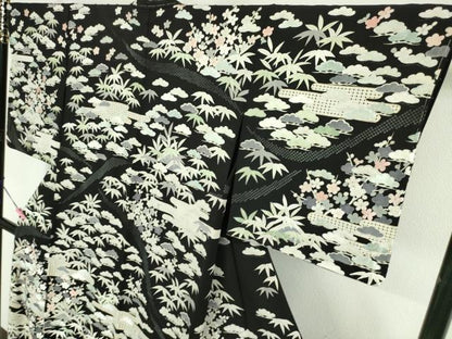 平和屋本店■極上　中国三大刺繍　スワトウ刺繍　汕頭刺繍　訪問着　松竹梅　黒地　金糸　反端付き　逸品　未使用　DZAA5779kh5