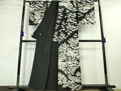 平和屋本店■極上　中国三大刺繍　スワトウ刺繍　汕頭刺繍　訪問着　松竹梅　黒地　金糸　反端付き　逸品　未使用　DZAA5779kh5