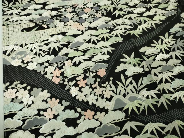 平和屋本店■極上　中国三大刺繍　スワトウ刺繍　汕頭刺繍　訪問着　松竹梅　黒地　金糸　反端付き　逸品　未使用　DZAA5779kh5