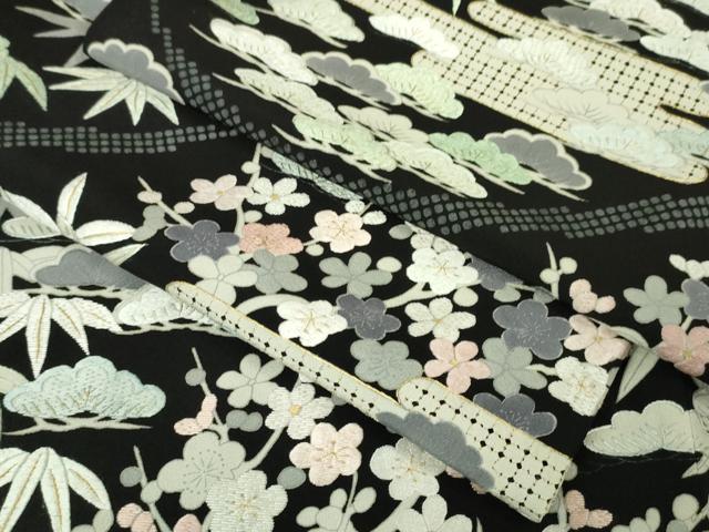 平和屋本店■極上　中国三大刺繍　スワトウ刺繍　汕頭刺繍　訪問着　松竹梅　黒地　金糸　反端付き　逸品　未使用　DZAA5779kh5