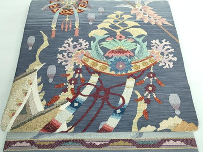平和屋本店■極上　手織綴れ　山鹿清華　太鼓柄袋帯　竜宮城　魚　金銀糸　逸品　DZAA5806kh5