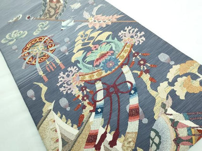 平和屋本店■極上　手織綴れ　山鹿清華　太鼓柄袋帯　竜宮城　魚　金銀糸　逸品　DZAA5806kh5