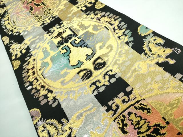 平和屋本店■最高級　龍村平蔵製　六通柄　本袋帯　円文白虎錦　黒地　金銀糸　逸品　DZAA5827kh5 平和屋本店□最高級 龍村平蔵製 六通柄 本袋帯 円文