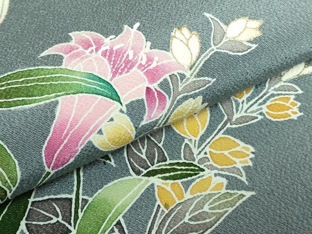 平和屋本店●極上 九寸名古屋帯 友禅 百合 濃い灰青色地 金彩 鬼しぼ縮緬 逸品 DZAA5835kh5