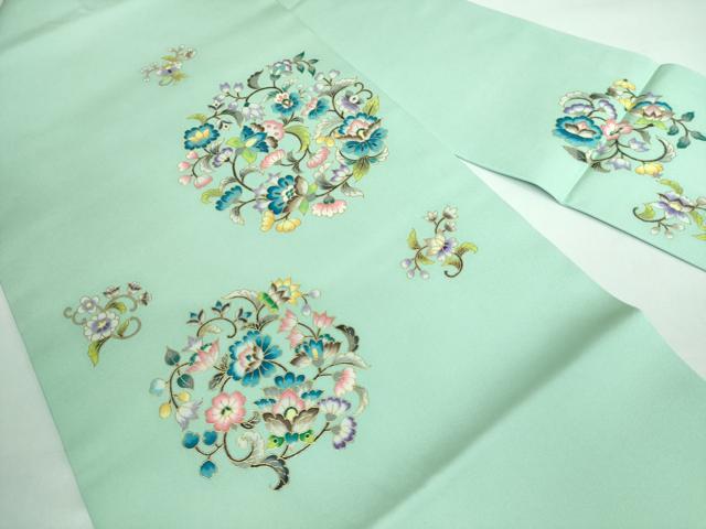 平和屋本店●極上 岡重謹製 塩瀬 九寸名古屋帯 更紗花丸文 金彩 スプレイグリーン色地 逸品 DZAA5838kh5
