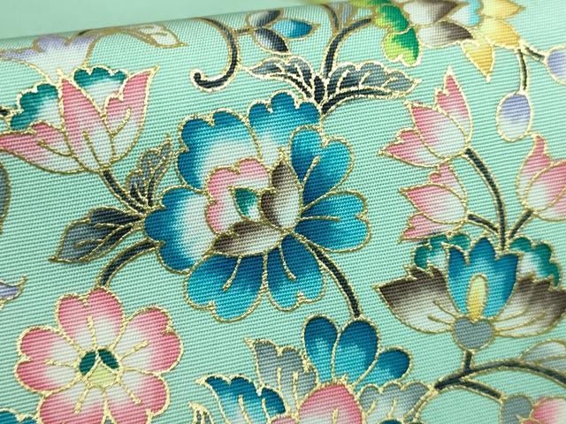 平和屋本店●極上 岡重謹製 塩瀬 九寸名古屋帯 更紗花丸文 金彩 スプレイグリーン色地 逸品 DZAA5838kh5