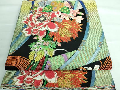 平和屋本店■最高級　龍村平蔵製　丸帯　玉たれの花錦　黒地　金糸　逸品　DZAA5851kh5
