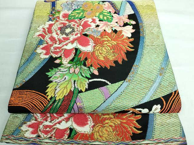 平和屋本店■最高級　龍村平蔵製　丸帯　玉たれの花錦　黒地　金糸　逸品　DZAA5851kh5