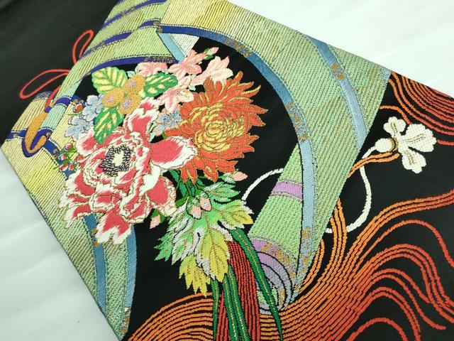 平和屋本店■最高級　龍村平蔵製　丸帯　玉たれの花錦　黒地　金糸　逸品　DZAA5851kh5