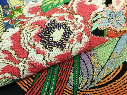 平和屋本店■最高級　龍村平蔵製　丸帯　玉たれの花錦　黒地　金糸　逸品　DZAA5851kh5