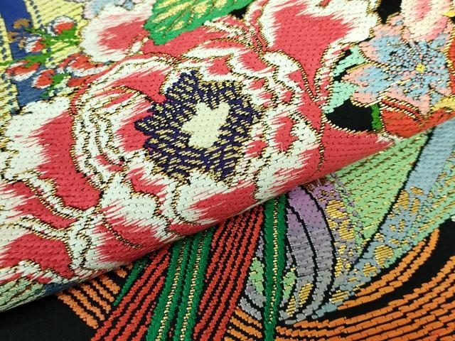 平和屋本店■最高級　龍村平蔵製　丸帯　玉たれの花錦　黒地　金糸　逸品　DZAA5851kh5