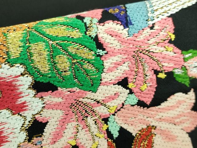 平和屋本店■最高級　龍村平蔵製　丸帯　玉たれの花錦　黒地　金糸　逸品　DZAA5851kh5