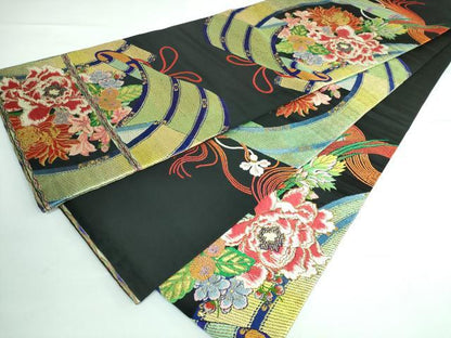 平和屋本店■最高級　龍村平蔵製　丸帯　玉たれの花錦　黒地　金糸　逸品　DZAA5851kh5