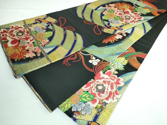 平和屋本店■最高級　龍村平蔵製　丸帯　玉たれの花錦　黒地　金糸　逸品　DZAA5851kh5