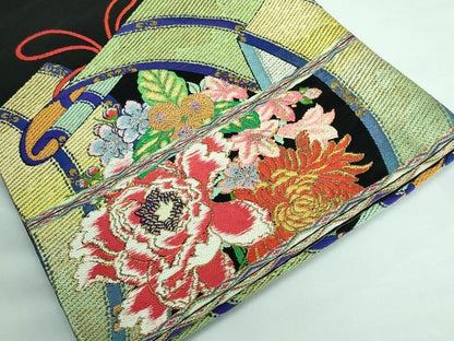 平和屋本店■最高級　龍村平蔵製　丸帯　玉たれの花錦　黒地　金糸　逸品　DZAA5851kh5