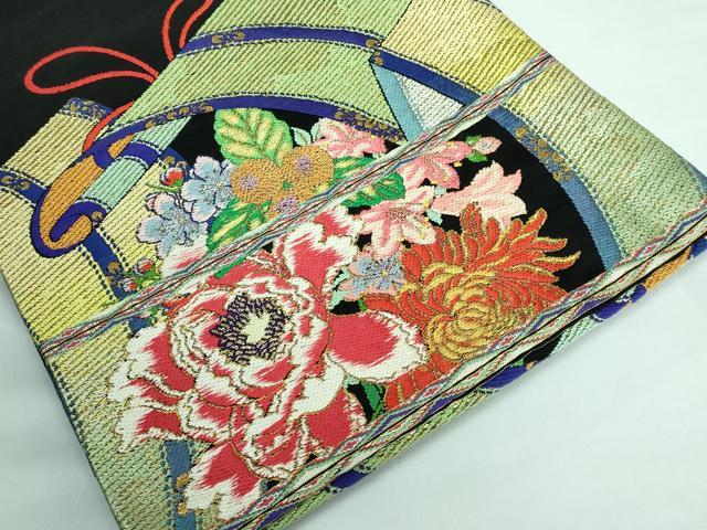 平和屋本店■最高級　龍村平蔵製　丸帯　玉たれの花錦　黒地　金糸　逸品　DZAA5851kh5
