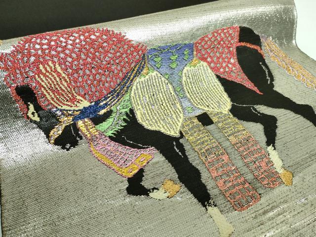 平和屋本店■最高級　龍村平蔵製　太鼓柄　本袋帯　天竺祭馬錦　黒地　金銀糸　逸品　DZAA5892kh5