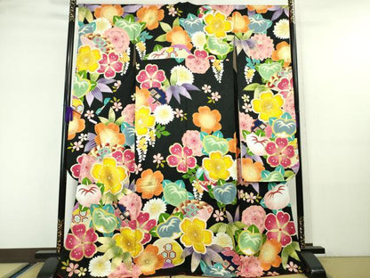 平和屋本店●極上 紫野美術工芸 振袖 吉祥花文 黒地 金彩 逸品 DZAA5945kh5