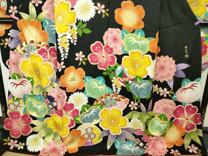 平和屋本店●極上 紫野美術工芸 振袖 吉祥花文 黒地 金彩 逸品 DZAA5945kh5