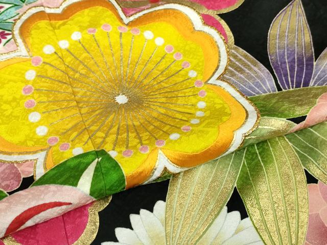 平和屋本店●極上 紫野美術工芸 振袖 吉祥花文 黒地 金彩 逸品 DZAA5945kh5