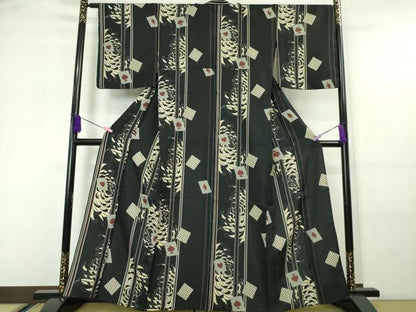 平和屋本店▽極上 小紋 単衣 乱菊 トランプ 黒地 洗える着物 逸品 未使用 DZAA5952kh5
