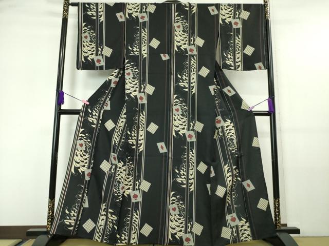 平和屋本店▽極上 小紋 単衣 乱菊 トランプ 黒地 洗える着物 逸品 未使用 DZAA5952kh5