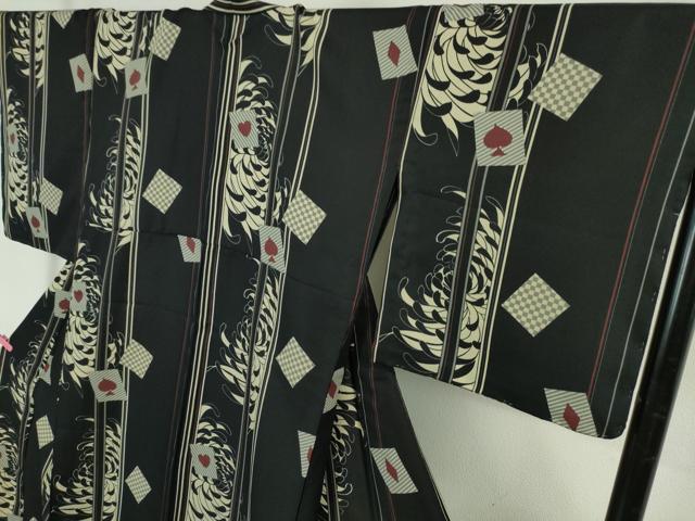 平和屋本店▽極上 小紋 単衣 乱菊 トランプ 黒地 洗える着物 逸品 未使用 DZAA5952kh5