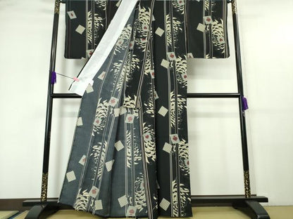平和屋本店▽極上 小紋 単衣 乱菊 トランプ 黒地 洗える着物 逸品 未使用 DZAA5952kh5