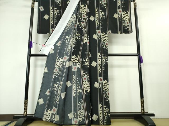 平和屋本店▽極上 小紋 単衣 乱菊 トランプ 黒地 洗える着物 逸品 未使用 DZAA5952kh5