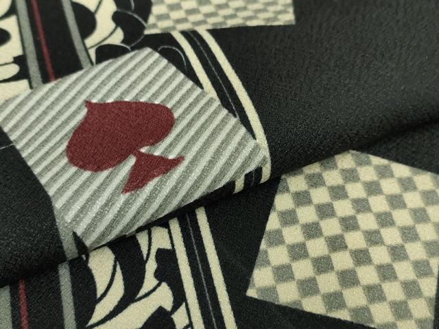 平和屋本店▽極上 小紋 単衣 乱菊 トランプ 黒地 洗える着物 逸品 未使用 DZAA5952kh5