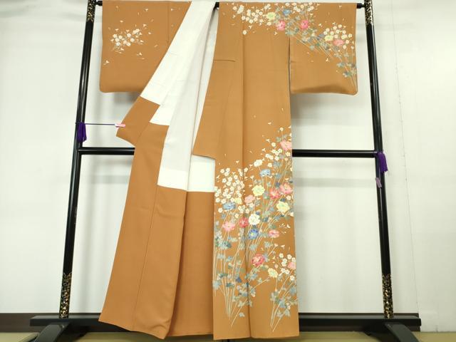 平和屋本店■極上　本加賀友禅作家　柿本市郎　訪問着　四季花文　赤朽葉色地　逸品　DZAA5982kh5
