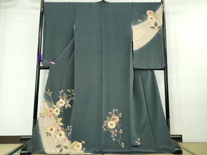 平和屋本店■極上　振袖　草花文　鉄御納戸色地　鬼しぼ縮緬　金彩　逸品　未使用　DZAA5989kh5
