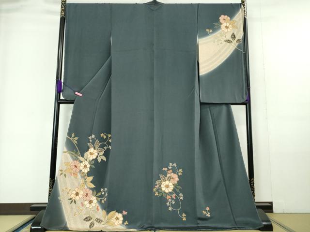 平和屋本店■極上　振袖　草花文　鉄御納戸色地　鬼しぼ縮緬　金彩　逸品　未使用　DZAA5989kh5