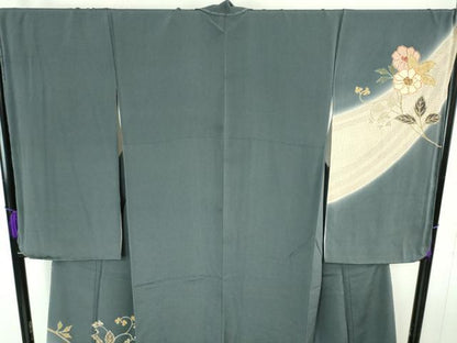平和屋本店■極上　振袖　草花文　鉄御納戸色地　鬼しぼ縮緬　金彩　逸品　未使用　DZAA5989kh5