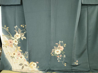 平和屋本店■極上　振袖　草花文　鉄御納戸色地　鬼しぼ縮緬　金彩　逸品　未使用　DZAA5989kh5