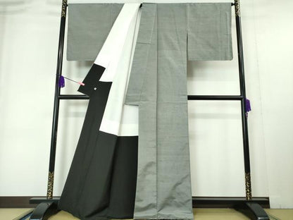 平和屋本店■極上　石川県指定無形文化財 牛首紬 白山工房　手織り　長羽織セット　鉛色地　証紙付き　逸品　DZAA599　未使用　DZAA5995kh5