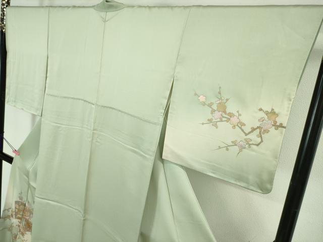 平和屋本店■極上 金彩友禅 卓越技能者・名工・和田光正 訪問着 光映箔染 地紙枝梅文 白緑色地 暈し染め 金銀彩 反端付き 逸品 DZAA6013kh5