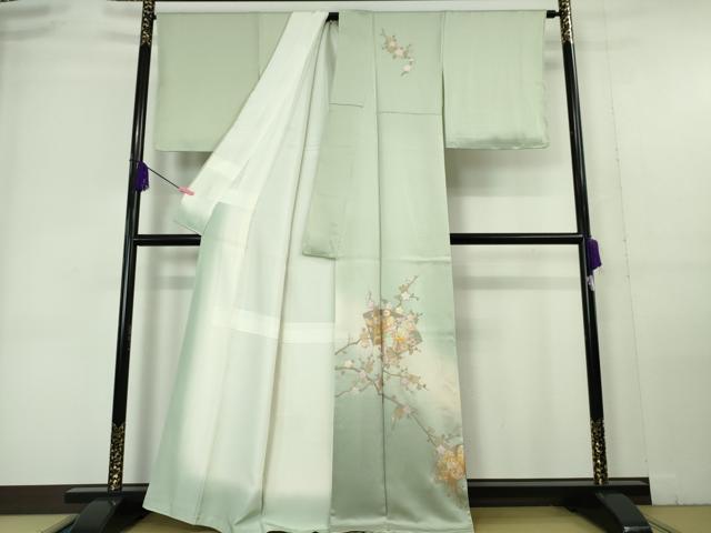 平和屋本店■極上 金彩友禅 卓越技能者・名工・和田光正 訪問着 光映箔染 地紙枝梅文 白緑色地 暈し染め 金銀彩 反端付き 逸品 DZAA6013kh5