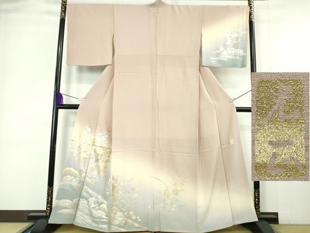 平和屋本店●極上 金彩友禅 卓越技能者・名工 和田光正 訪問着 短冊吉祥花文 薄柿色地 暈し染め 金銀彩 逸品 未使用 DZAA6024kh5