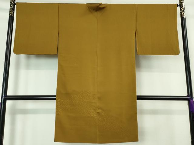平和屋本店＃極上 道中着 ロング丈 お召地 唐草地紋 黄唐茶色地 逸品 DZAA6032kh5