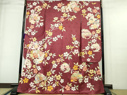 平和屋本店●極上 創業460年・千總 振袖 駒刺繍 飛鶴宝尽くし花文 濃紅色地 金彩 松坂屋扱い 逸品 DZAA6034kh5