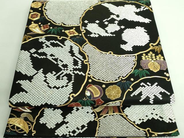 平和屋本店■極上　六通柄袋帯　駒刺繍　総刺繍　雪輪宝尽くし　黒地　金糸　逸品　DZAA6065kh5