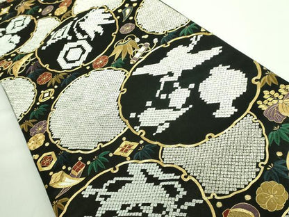 平和屋本店■極上　六通柄袋帯　駒刺繍　総刺繍　雪輪宝尽くし　黒地　金糸　逸品　DZAA6065kh5