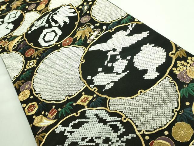 平和屋本店■極上　六通柄袋帯　駒刺繍　総刺繍　雪輪宝尽くし　黒地　金糸　逸品　DZAA6065kh5