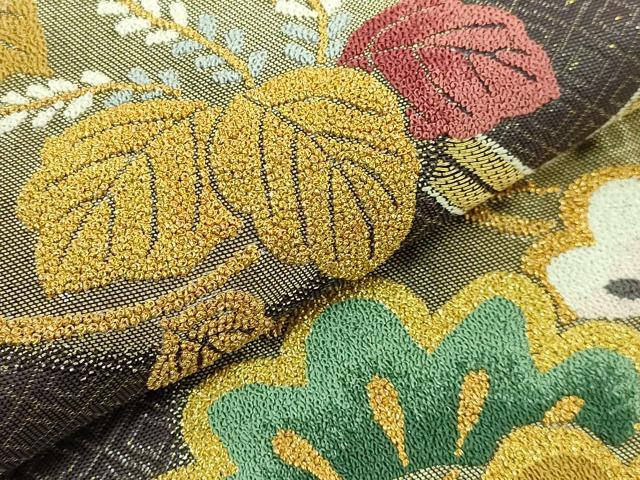 平和屋本店■極上 俵屋 人間国宝 喜多川平朗  有職織物 中国三大刺繍 相良刺繍 総刺繍 六通柄袋帯 雪持ち笹 格天井花文  逸品 DZAA6076kh5
